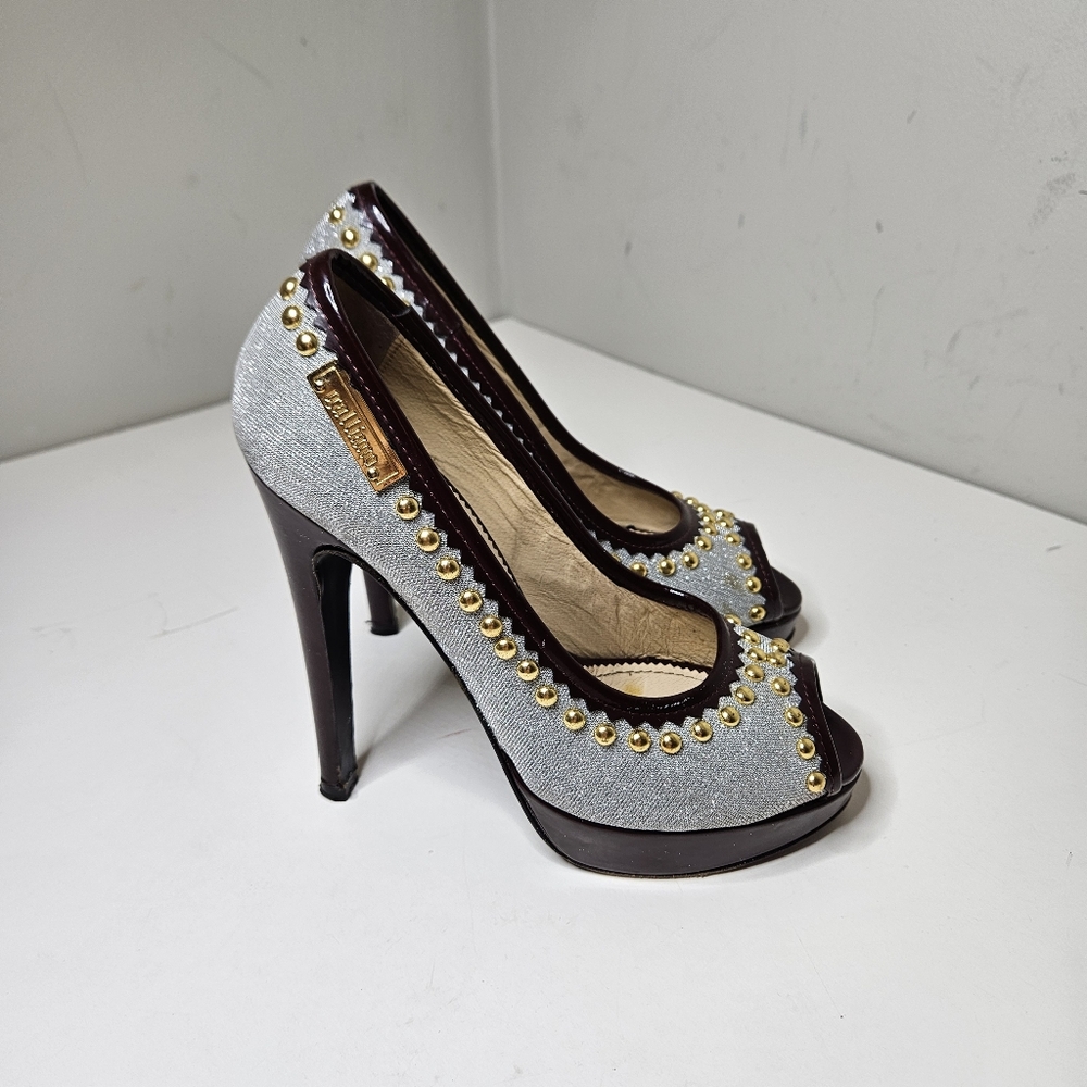 John Galliano Mesh Silver Burgundy Black Platform Heels 37.5 7.5